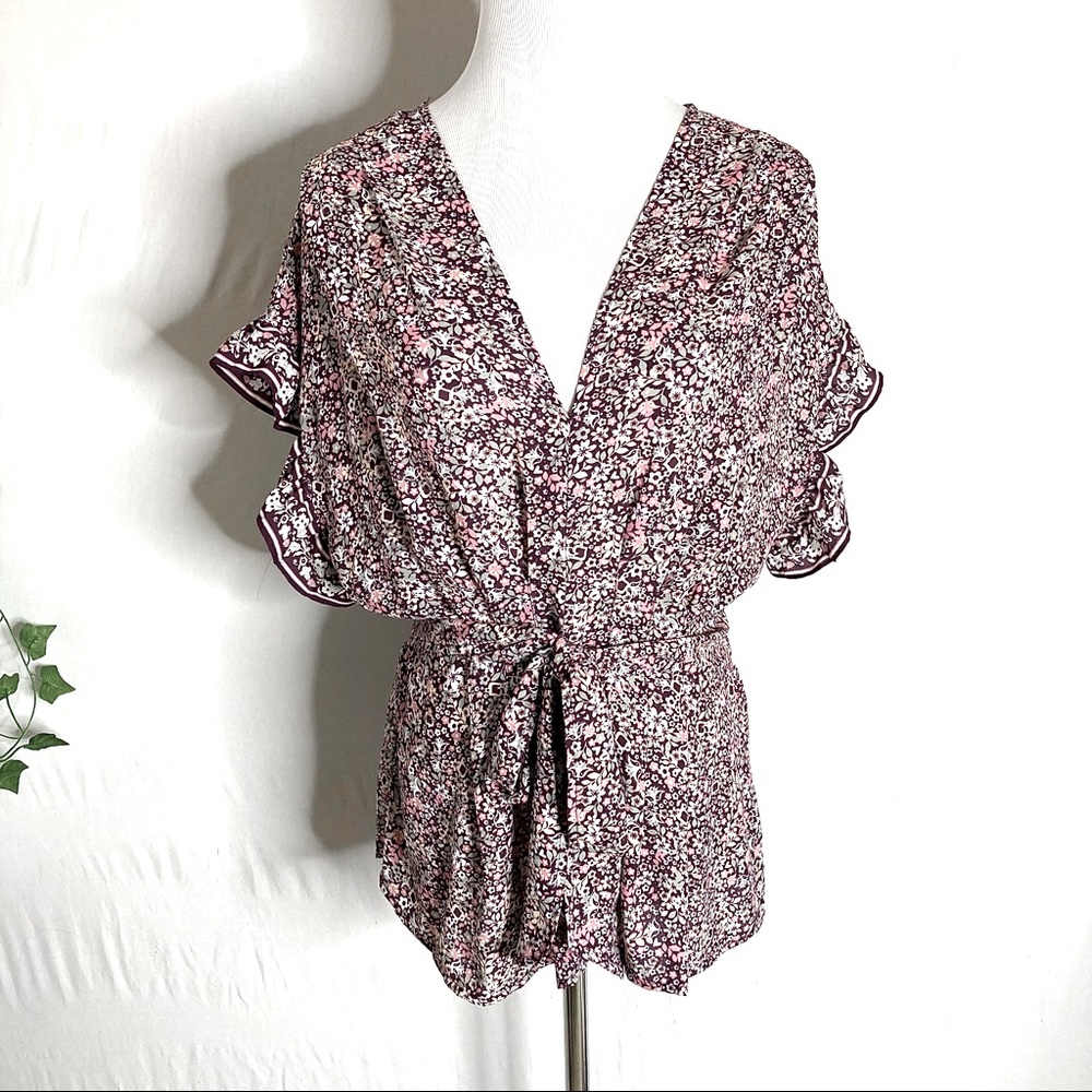 Max Studio Purple Ditsy Floral Flutter Sleeve Blouse XL